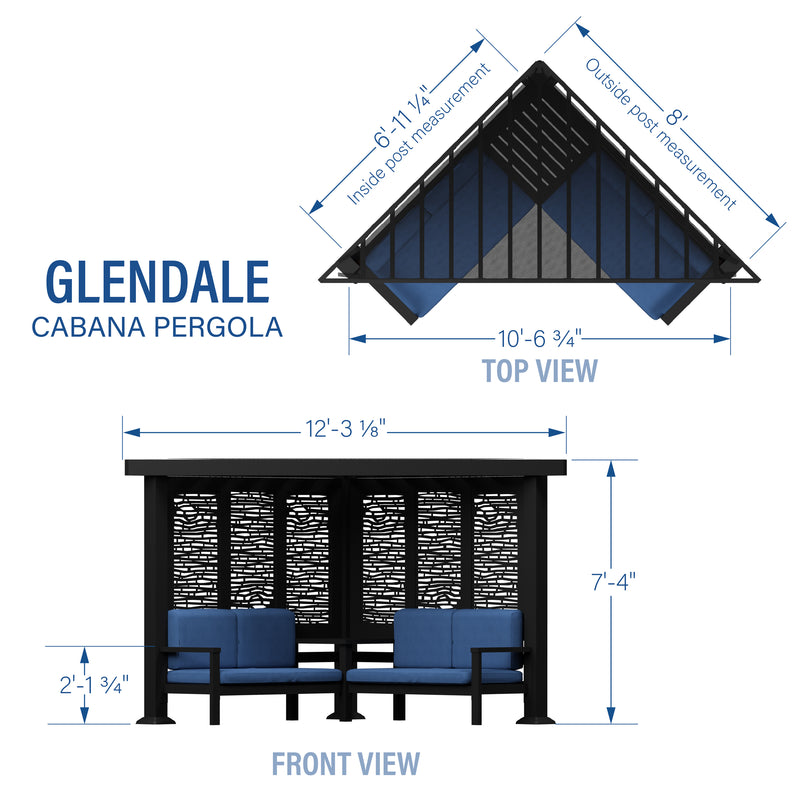 Glendale Modern Steel Cabana Pergola with Conversational Seating specifications