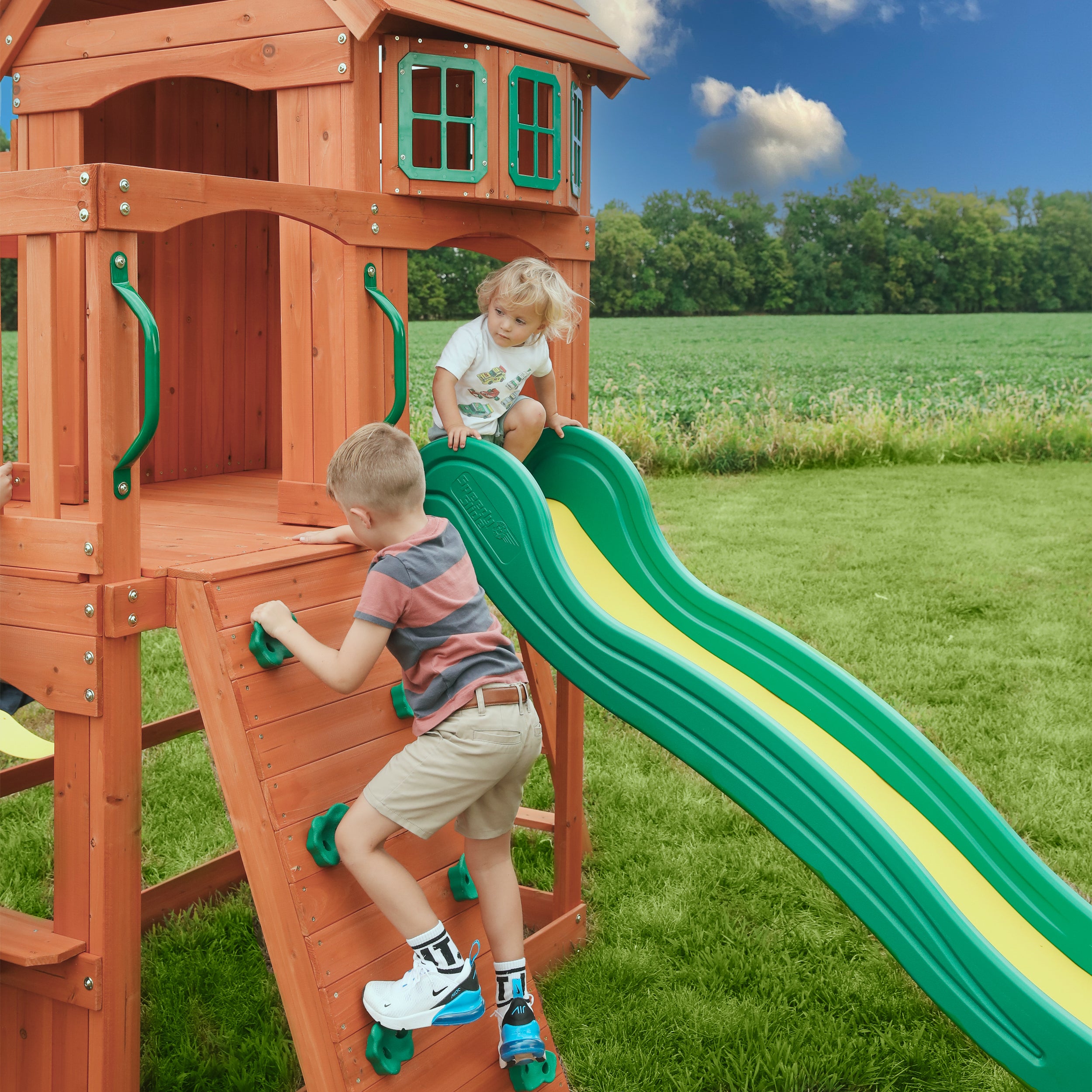 Atlantis Swing Set slide & rock climbing wall