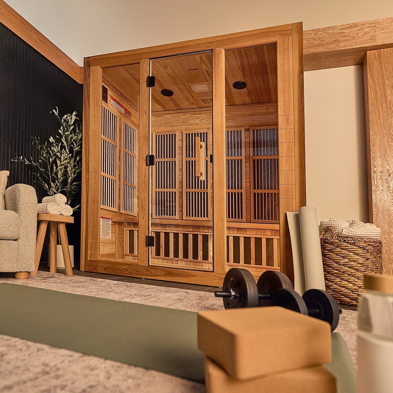 Rylan indoor infrared sauna with exercise equipment for post-workout muscle recovery.