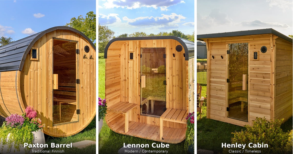 Side-by-side comparison of Backyard Discovery Paxton barrel sauna, Lennon cube sauna, and Henley cabin sauna in outdoor backyard settings