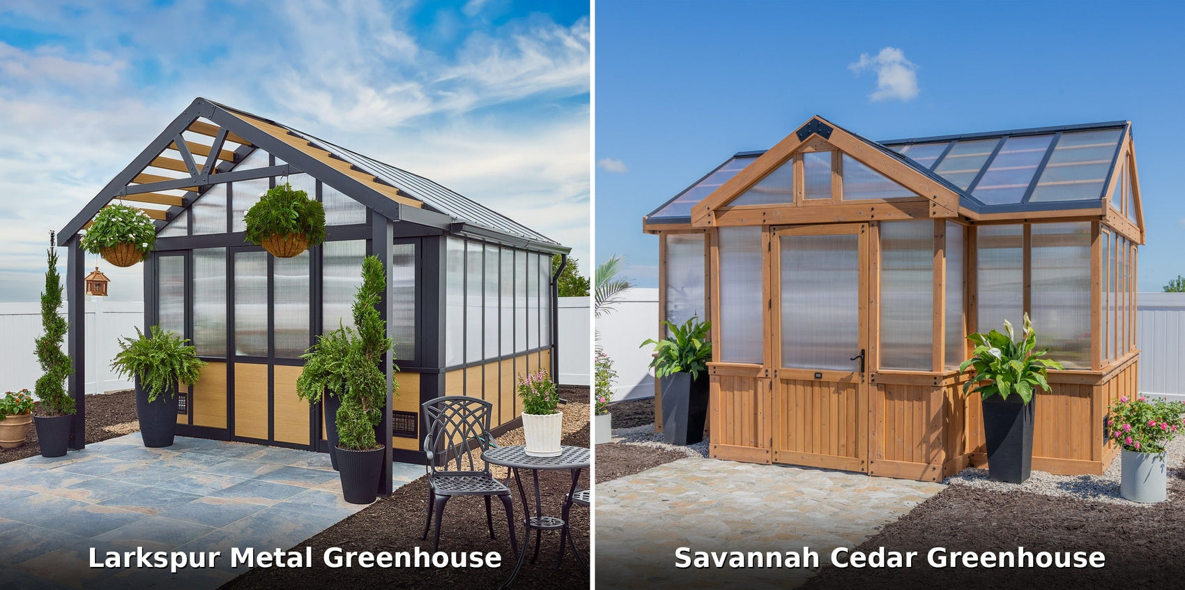 Split screen of Backyard Discovery's Larkspur metal greenhouse and Savannah cedar greenhouse, showing different materials side by side.