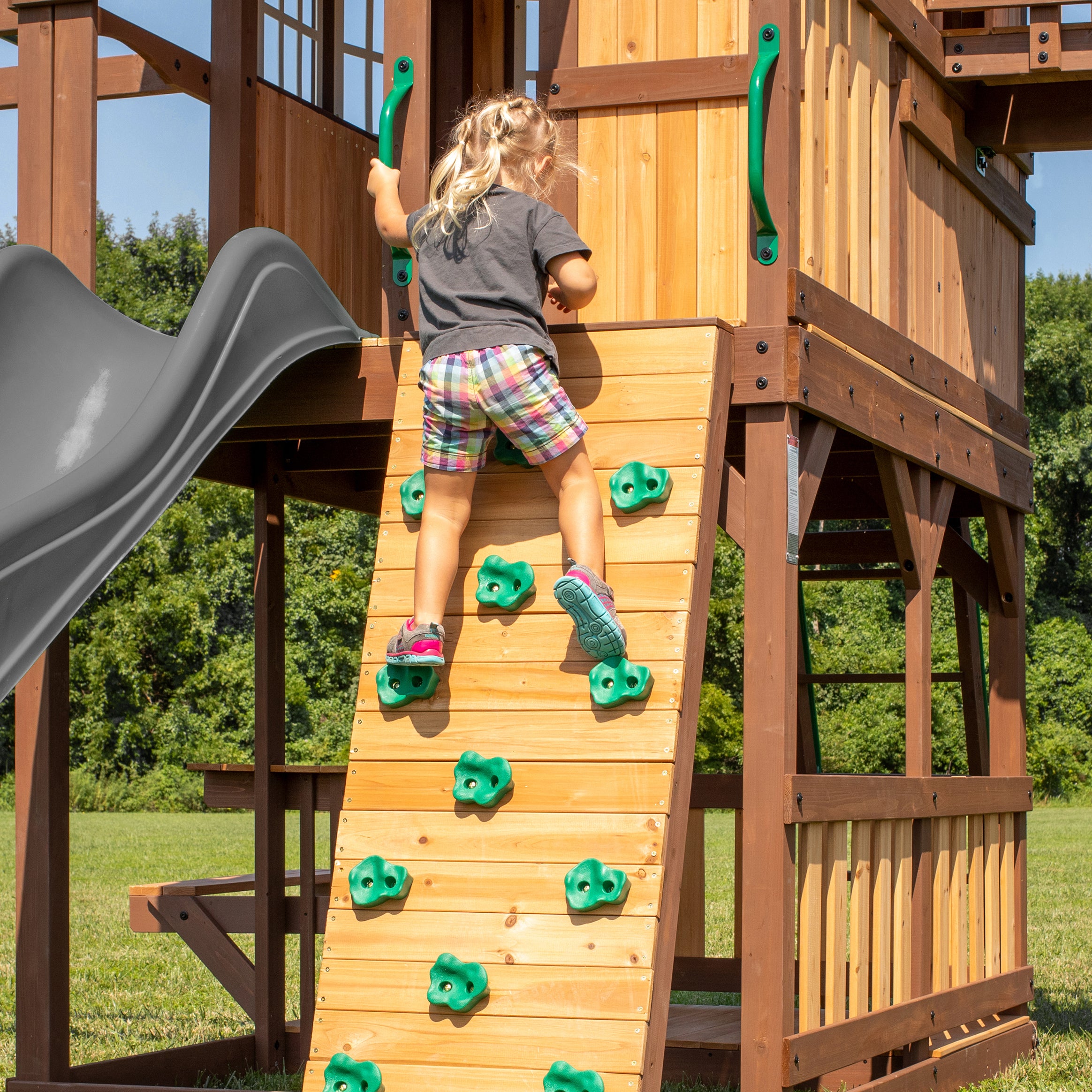 Playhouse Rock Wall For Swing Set Skyfort II Swing Set With Wave Slide