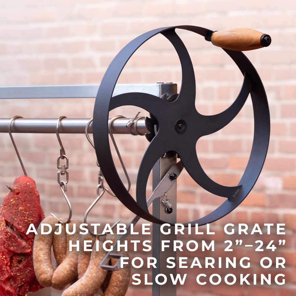 adjustable grill grate heights from 2"-24" for searing or slow cooking