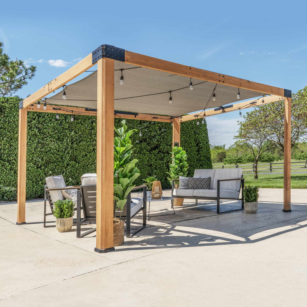 wood trellis awning Backyard Discovery 12' x 10' Brendan Cedar Sail Shade Pergola with PowerPort