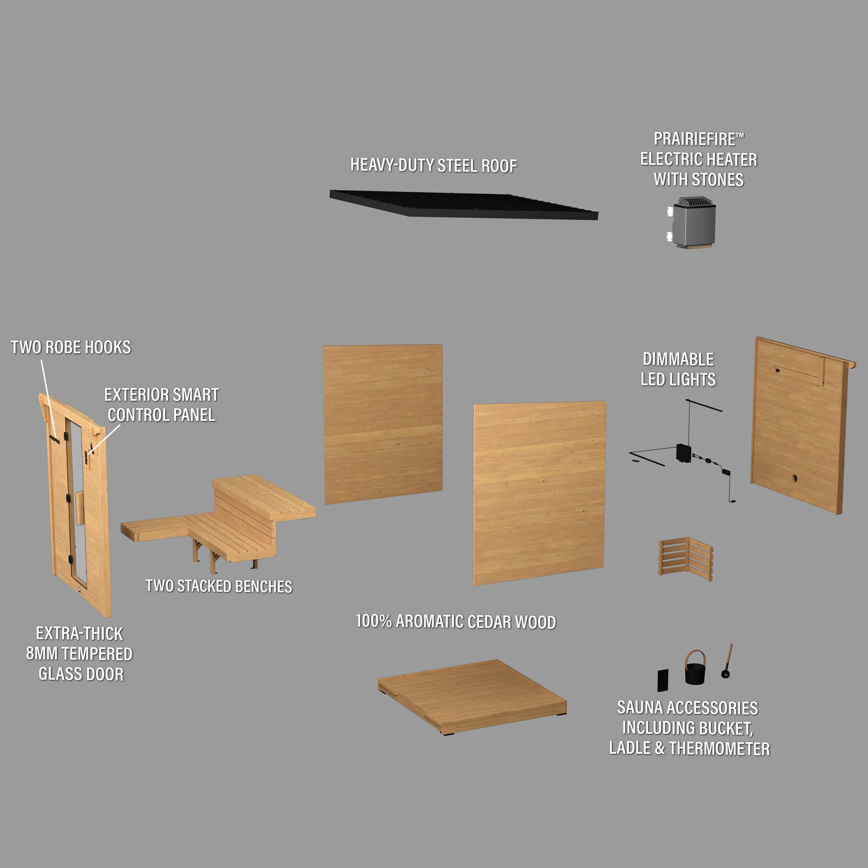 Complete 4-6 person Henley outdoor sauna kit showing cedar walls, benches, electric heater, LED lights and accessories