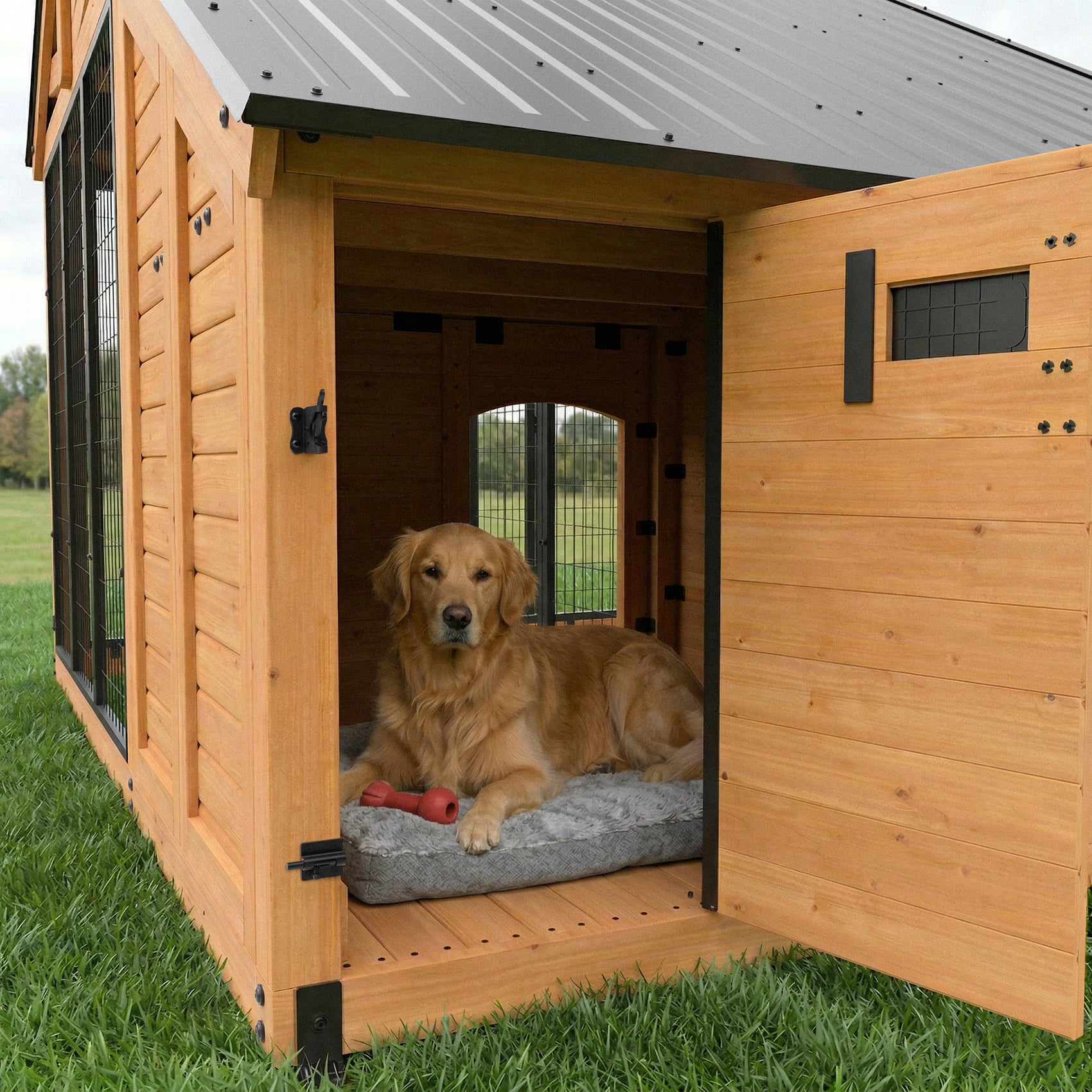 Golden retriever resting on dog bed inside Backyard Discovery large dog kennel.