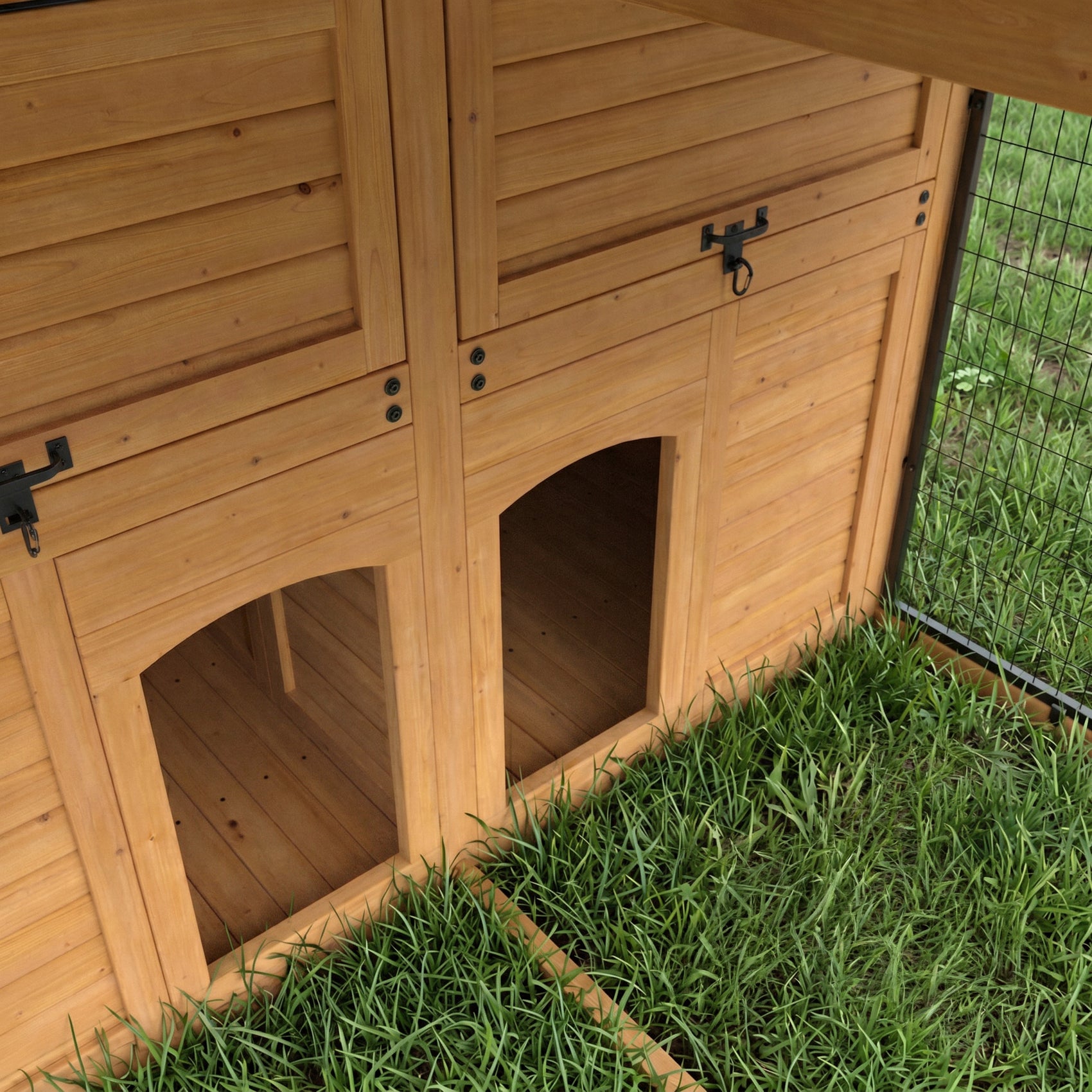 Interior view of Backyard Discovery cat enclosure with arched entry doors open on grass.