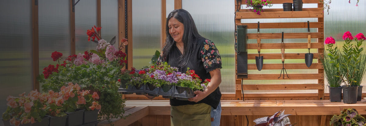 A woman in a Backyard Discovery greenhouse holding trays of colorful flowers, with potted plants and gardening tools.
