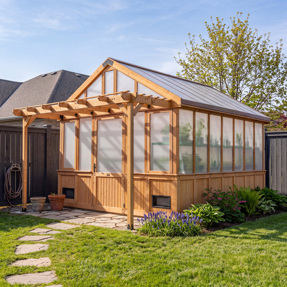 Garden greenhouse with a peaked 4-wall polycarbonate roof and a pergola-style entry overhang.