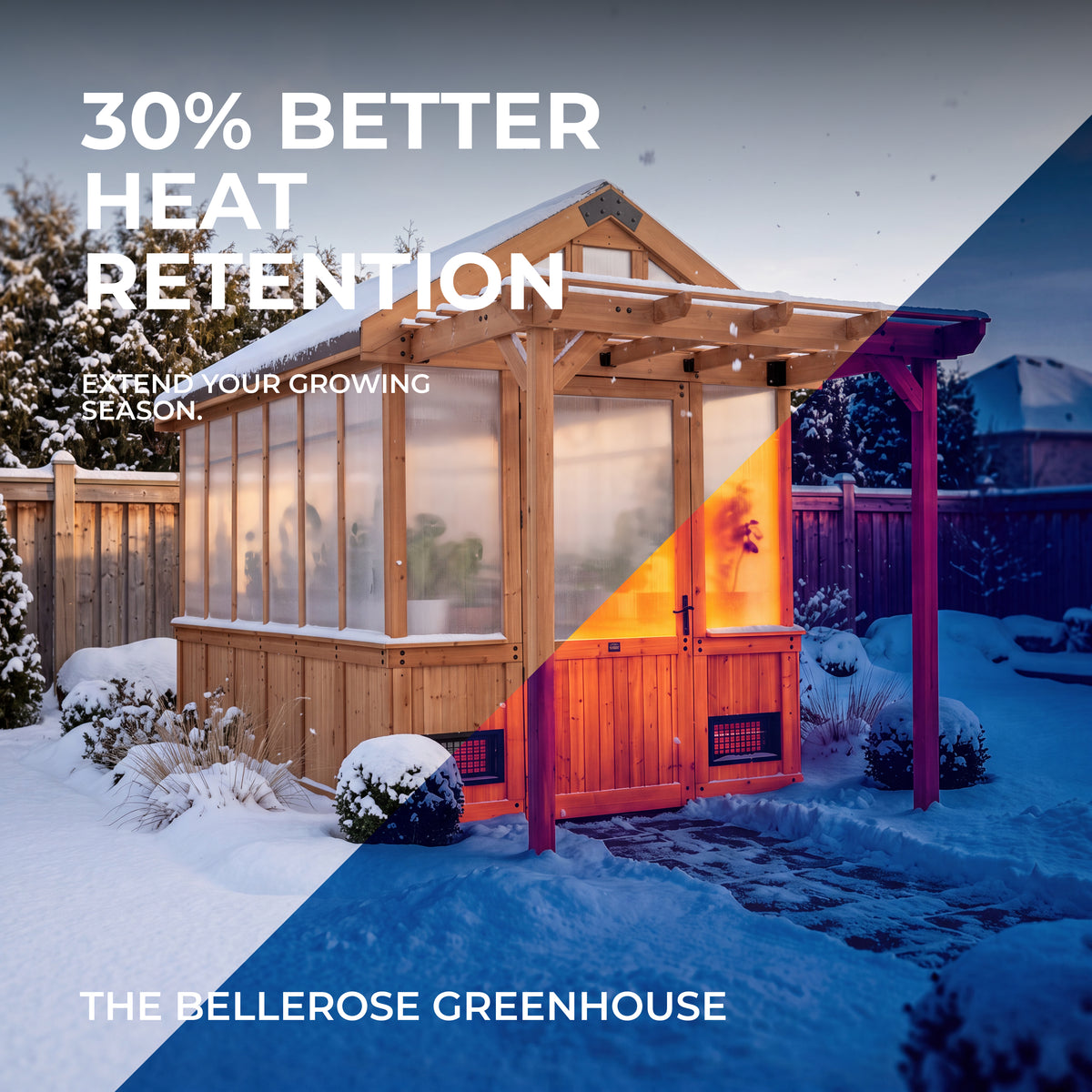 Cedar greenhouse with peaked roof glows warmly inside against a snowy winter backyard.