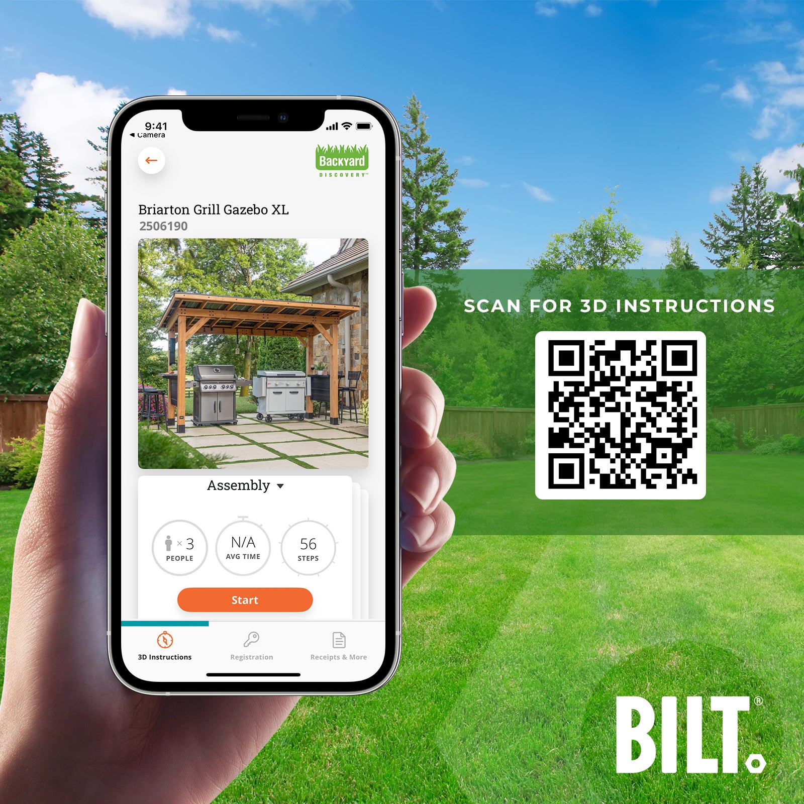 Backyard Discovery grill gazebo BILT assembly app with 3D model preview and step-by-step build instructions.