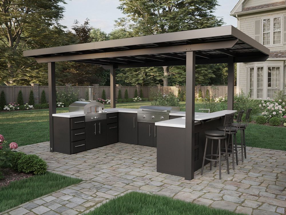 Edgemont Bay outdoor kitchen with galvanized steel roof shelters a stainless steel propane griddle.
