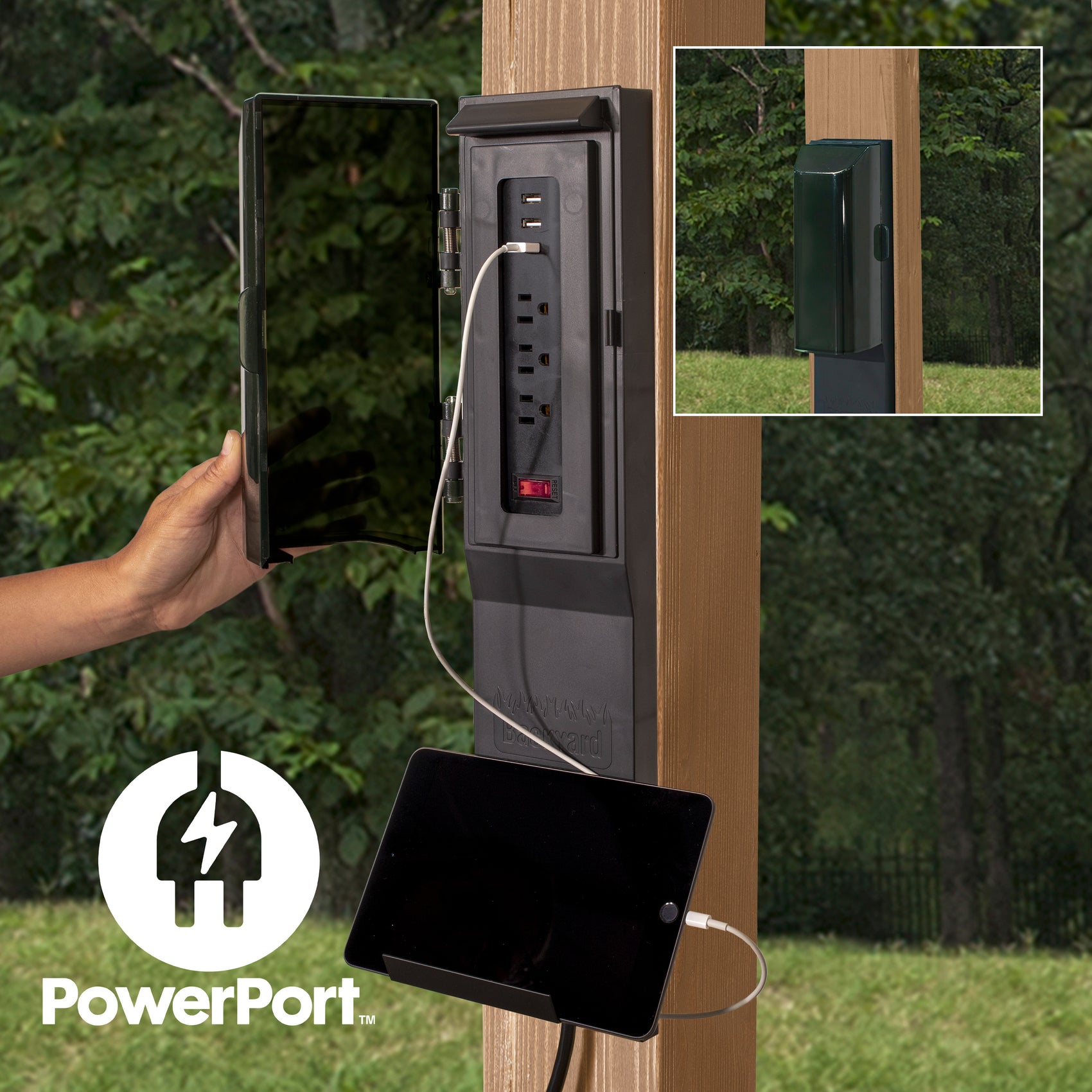 Outdoor PowerPort outlet mounted on wood post with weatherproof cover, showing power strip and USB charging ports