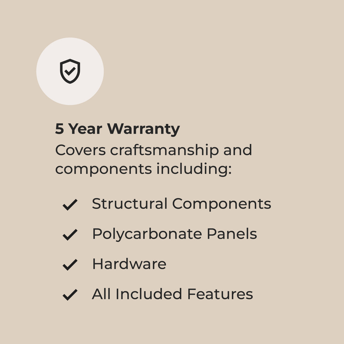 5-year comprehensive warranty covering the greenhouse kit structure, 4-wall polycarbonate panels, and hardware.