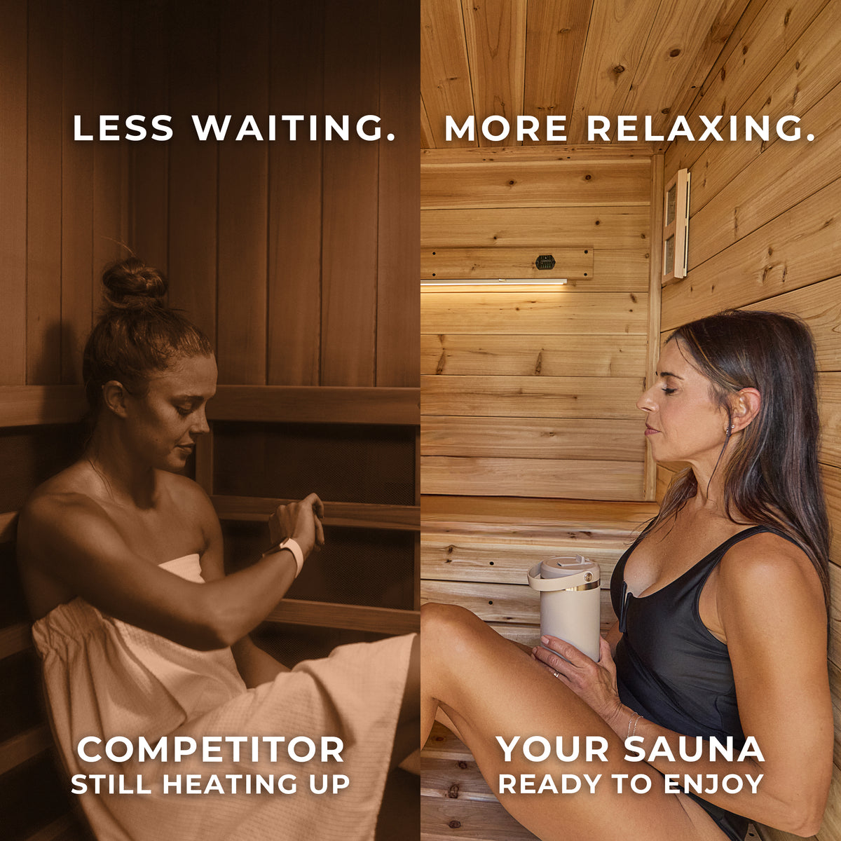 Split-screen comparison showing woman waiting in competitor sauna versus woman relaxing in heated Backyard Discovery sauna