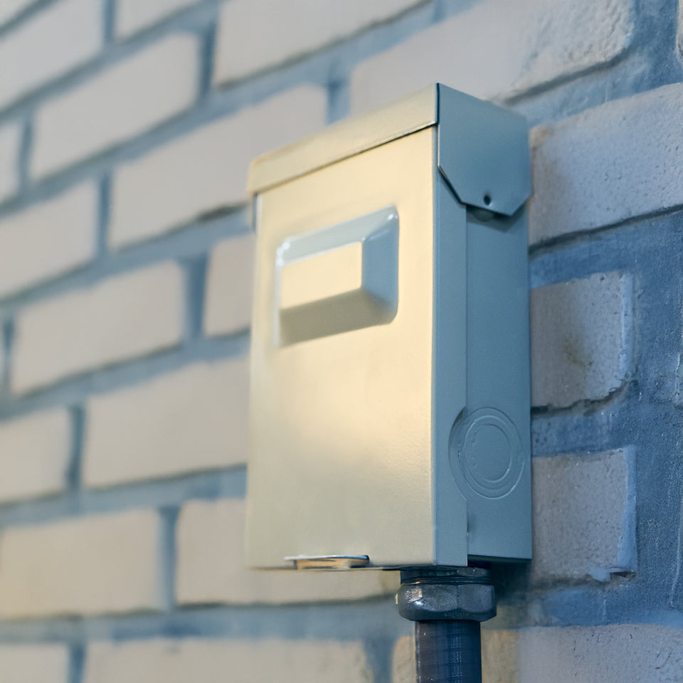 Outdoor saunas wall-mounted electrical box on gray brick wall
