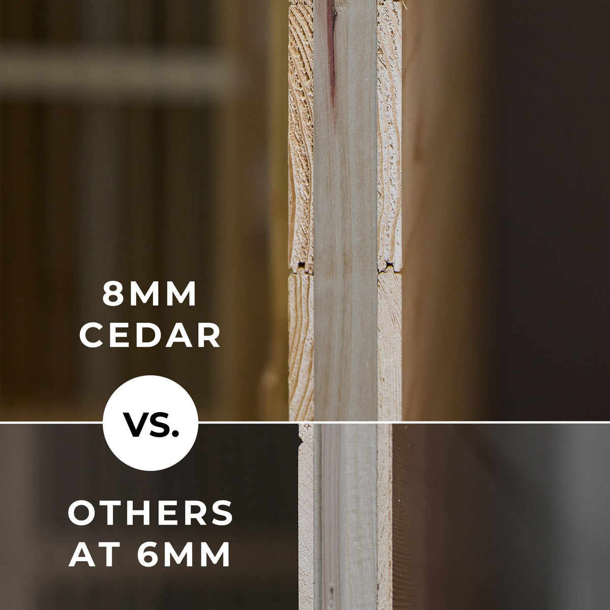 Wall thickness comparison showing 8mm indoor sauna cedar wood versus 6mm competitor wood