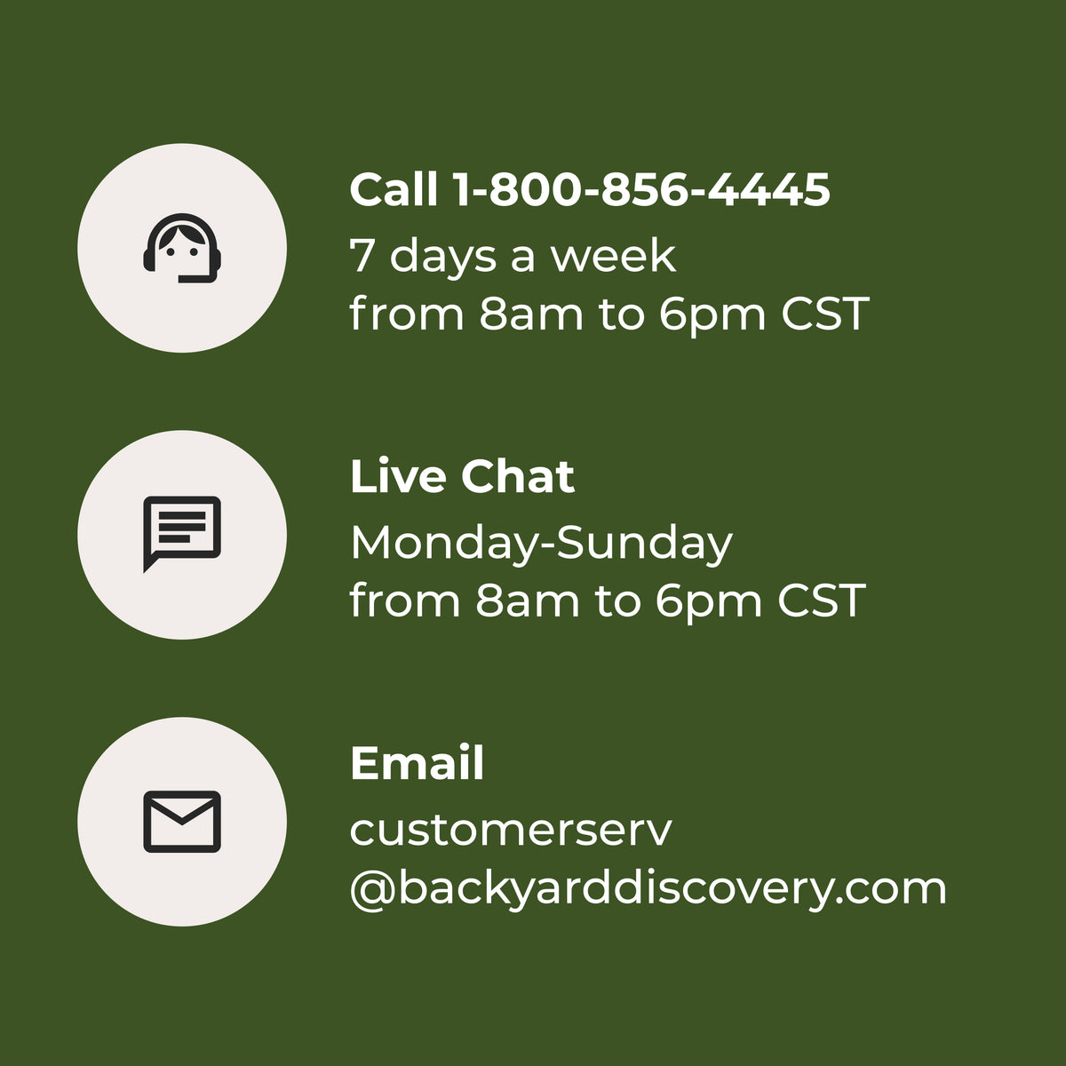 Infographic with Backyard Discovery phone number, live chat hours, and customer service email