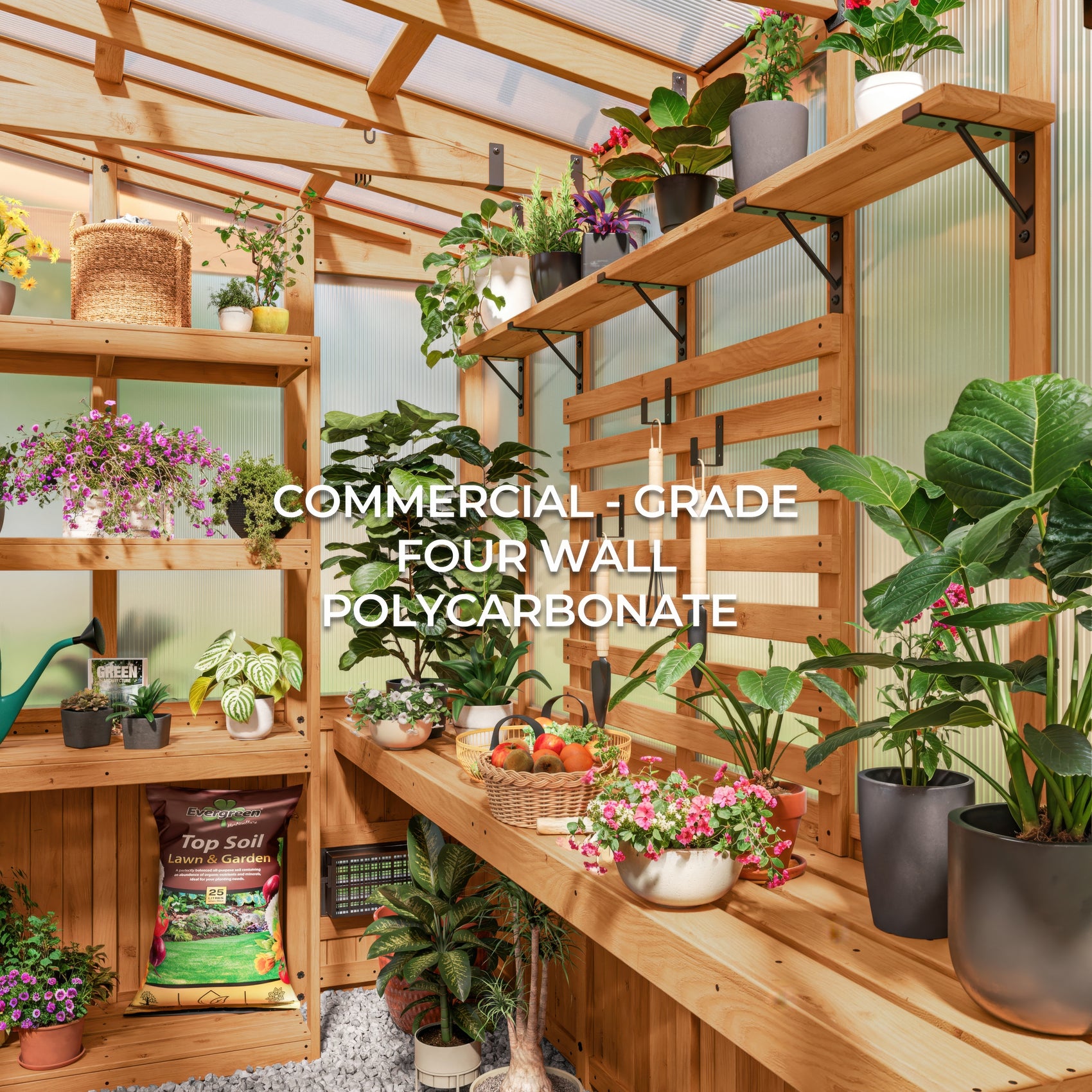 Inside the Poppy greenhouse, cedar staging shelves and a slat wall hold potted plants beside 4-wall polycarbonate panels.