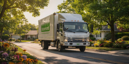 White delivery truck with a green logo driving on a suburban street.