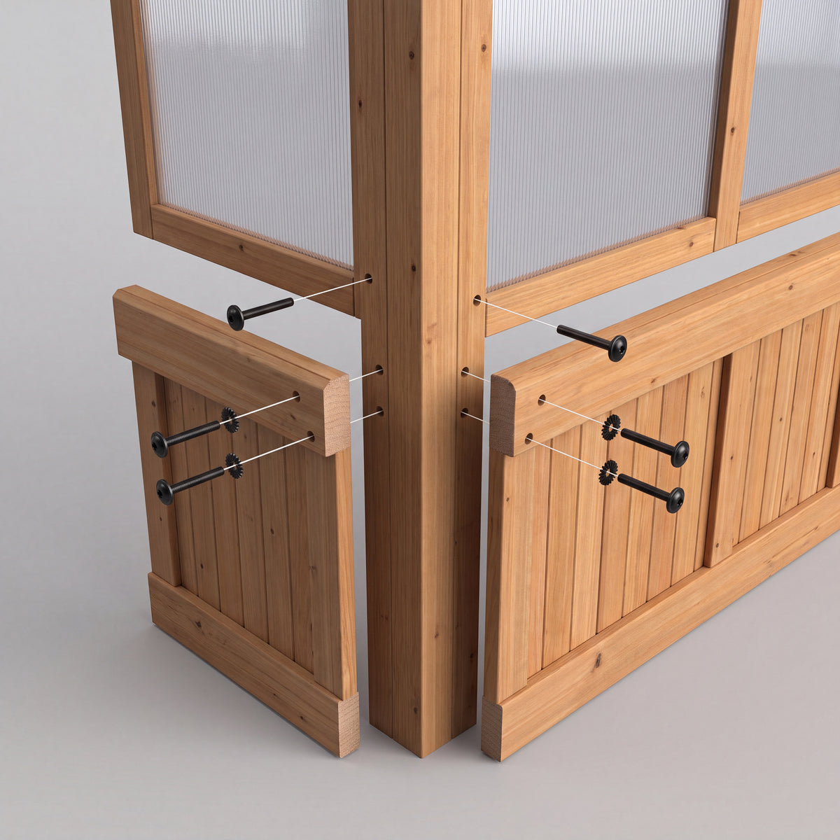 DIY cedar greenhouse corner with door panel being assembled using screws and wire guides.