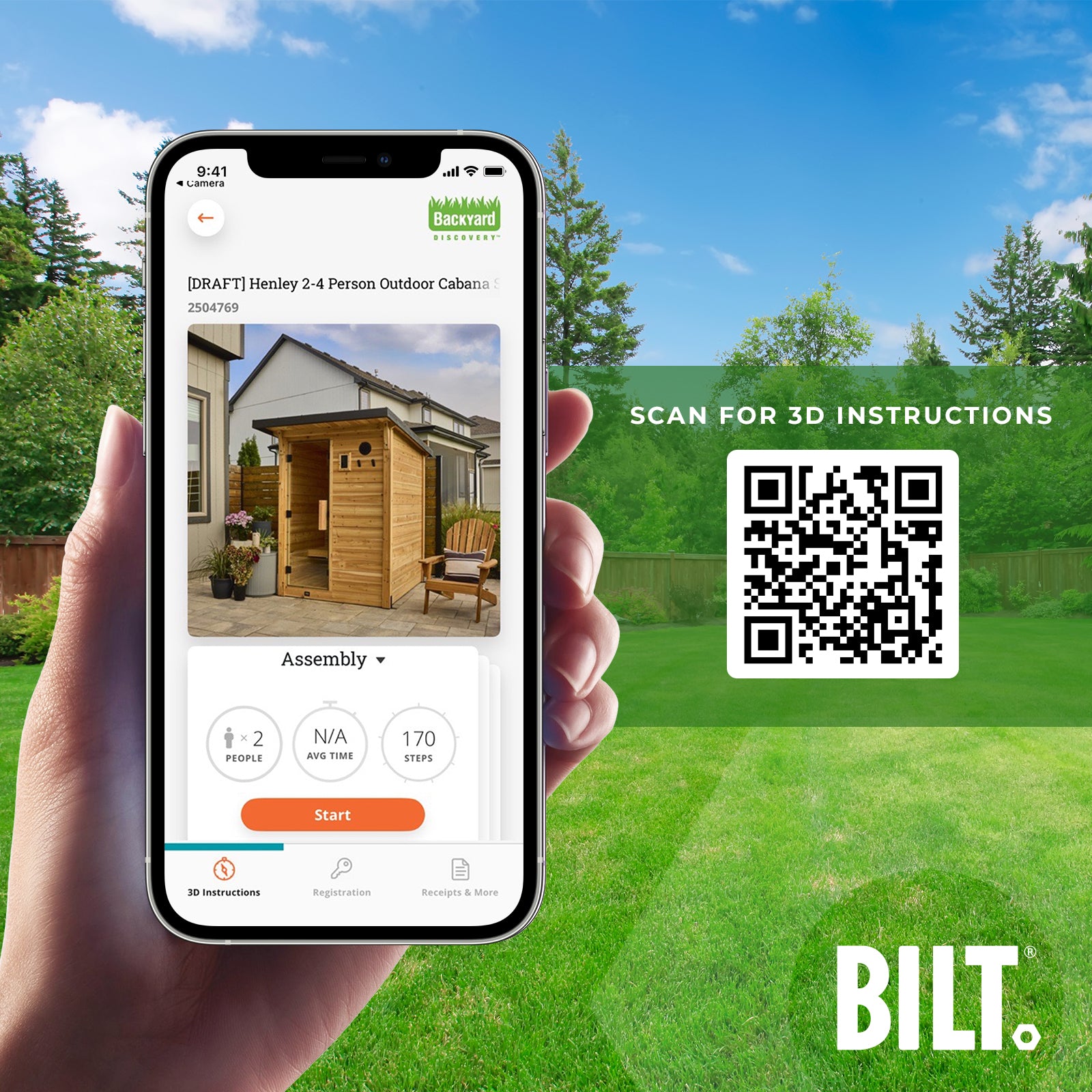 Phone with BILT app and QR code for Henley outdoor barrel sauna kit instructions for easy DIY assembly