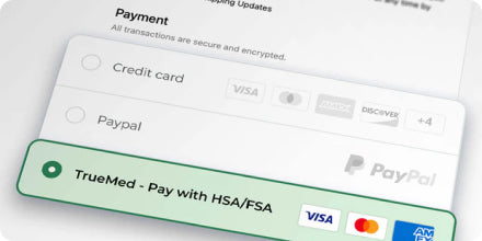 Payment method selection screen with Visa, PayPal, and TrueMed options on a white background.