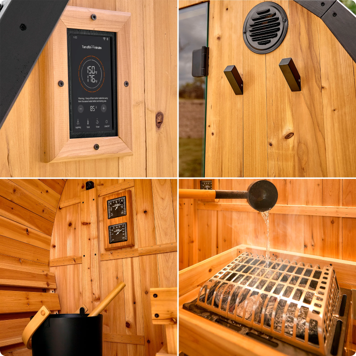 Collage of a wooden sauna with various features including a control panel, vent, and interior elements.