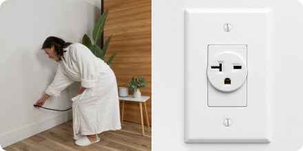 Person in a bathrobe fixing a leaky pipe next to a close-up of a white electrical outlet.