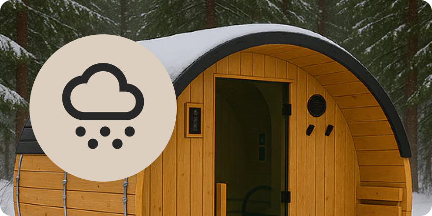 Wooden sauna in a snowy forest with a weather icon overlay.
