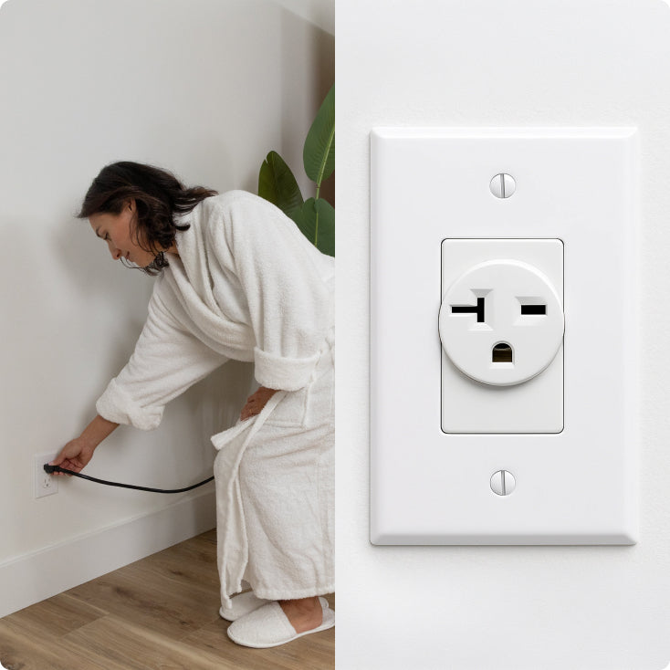 Person in a white robe plugging something into a wall socket with a close-up of the socket on the right.