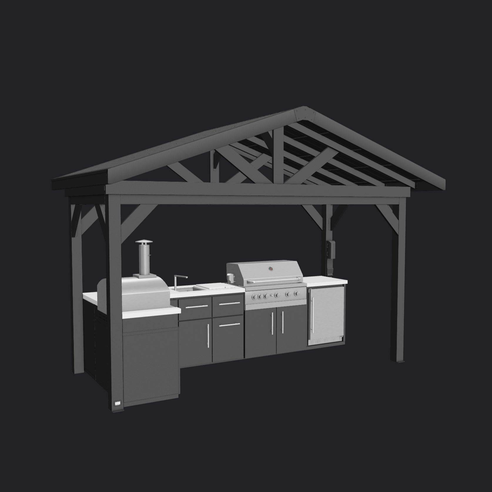Lancaster L-Shape outdoor kitchen with built-in steel grill, pizza oven, refrigerator and sink under steel peak roof