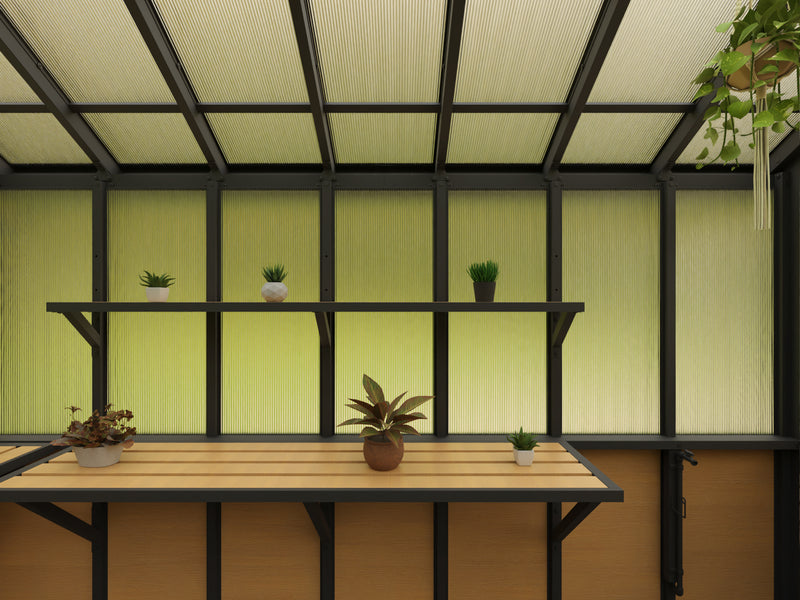 Interior view of large metal greenhouse with built-in staging shelves and polycarbonate panels.
