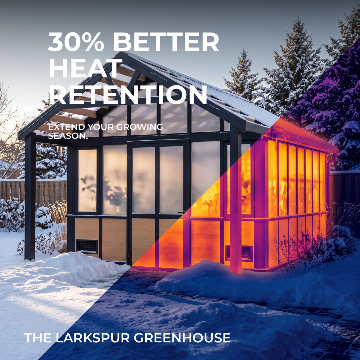 Metal greenhouse with a peaked roof glowing warm inside against a snowy winter backdrop.
