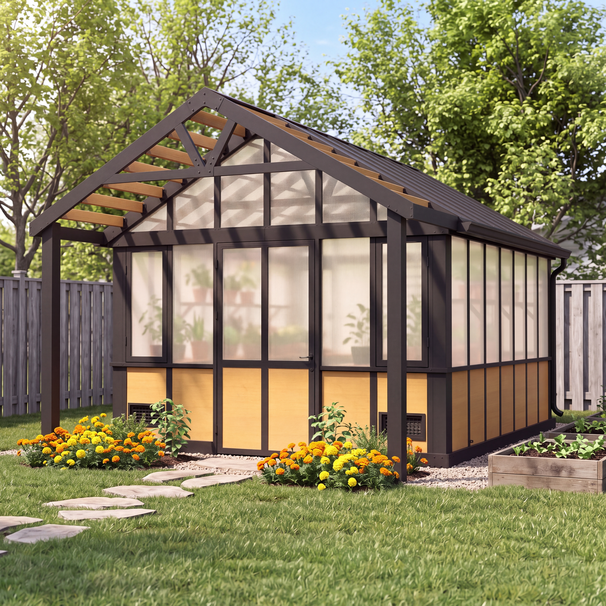 Metal greenhouse kit with a peaked roof and 4-wall polycarbonate panels on a paved foundation.