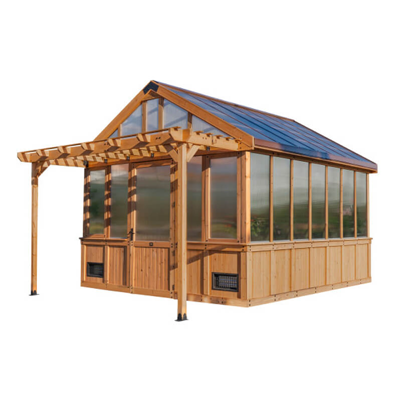 Bellerose wooden greenhouse with polycarbonate panels on a white background.