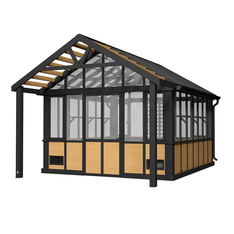 A modern greenhouse or sunroom with a black metal frame, glass panels, and light wood paneling on the lower walls and roof supports, shown on a plain white background.