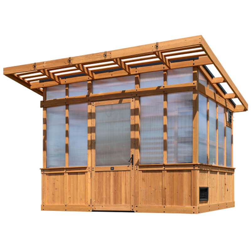 Poppy wooden greenhouse with polycarbonate panels on a white background.