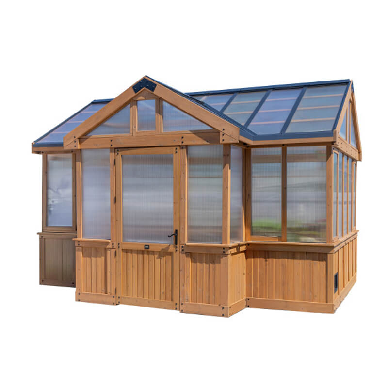 Savannah wooden greenhouse with polycarbonate panels on a white background.