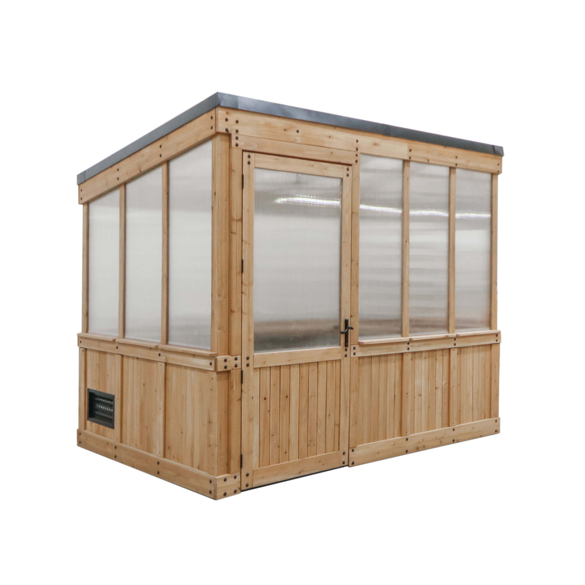 Willow wooden greenhouse with polycarbonate panels on a white background.