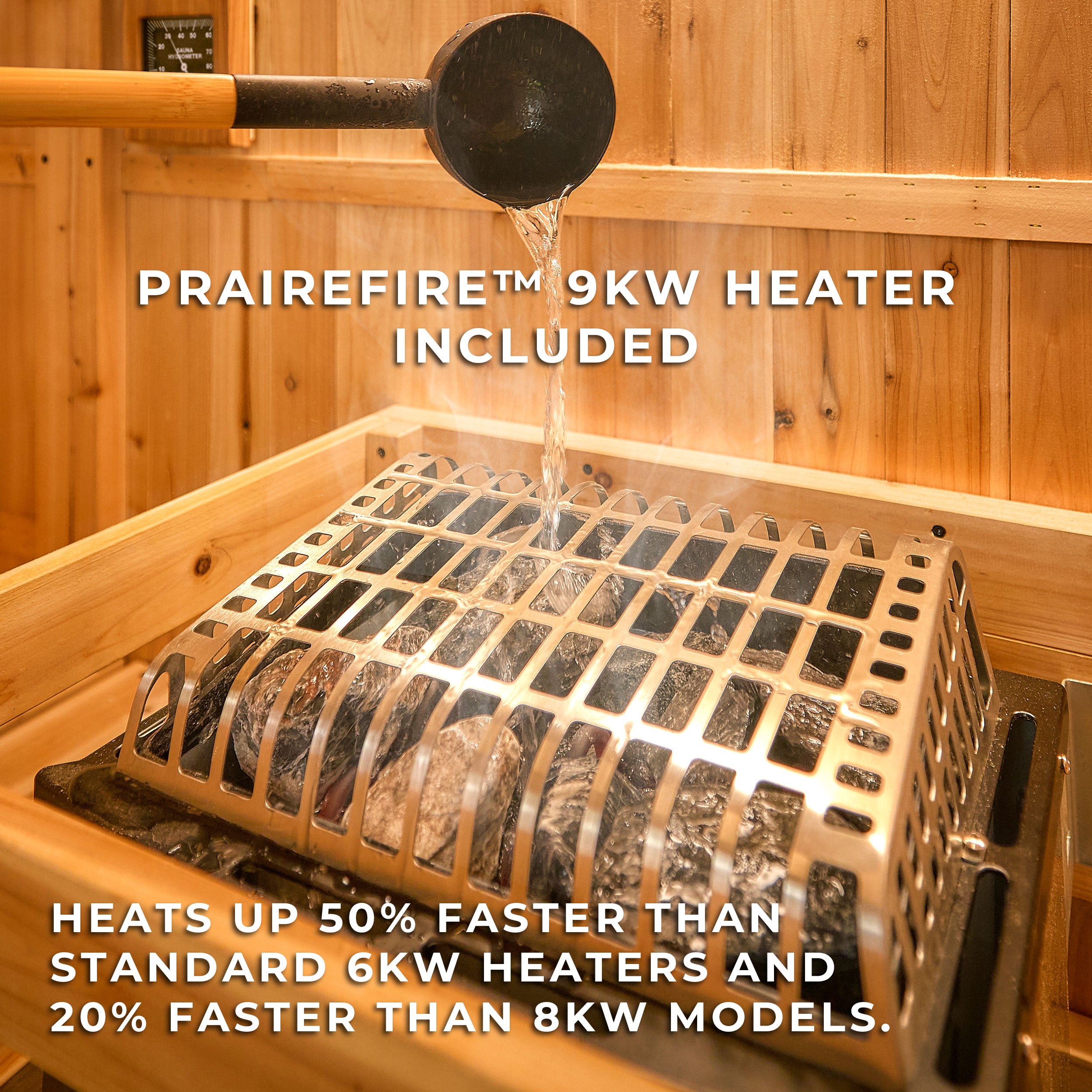 PrairieFire electric sauna heater with protective guard and stones around cedar construction