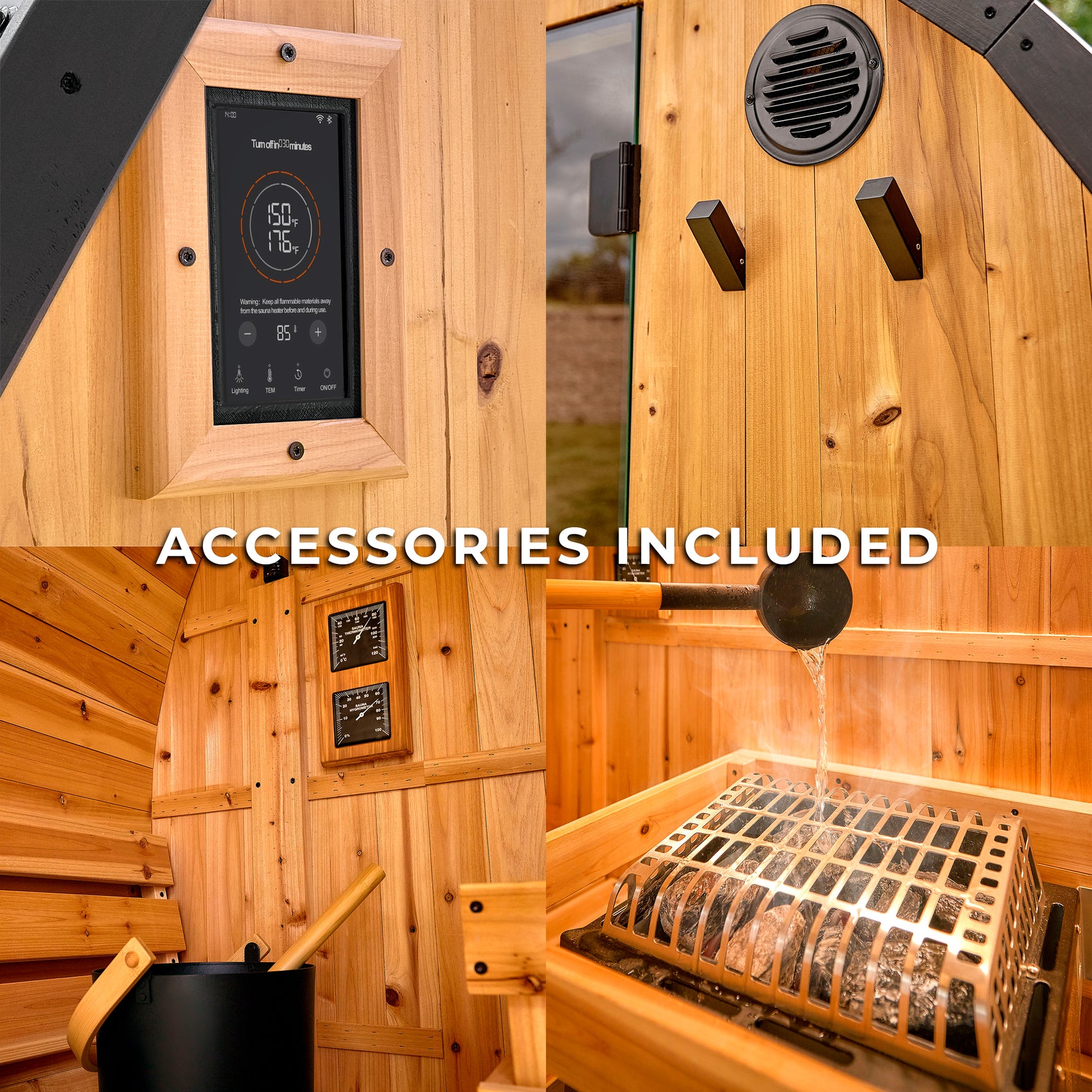 Backyard Discovery saunas showing included digital control panel, robe hooks, electric stone heater, and water bucket with ladle