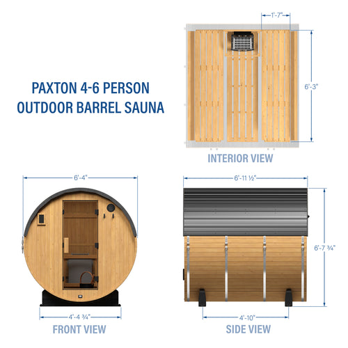 Technical diagram of Paxton 4-6 person outdoor barrel cedar sauna showing top, front, and side view dimensions | stacked