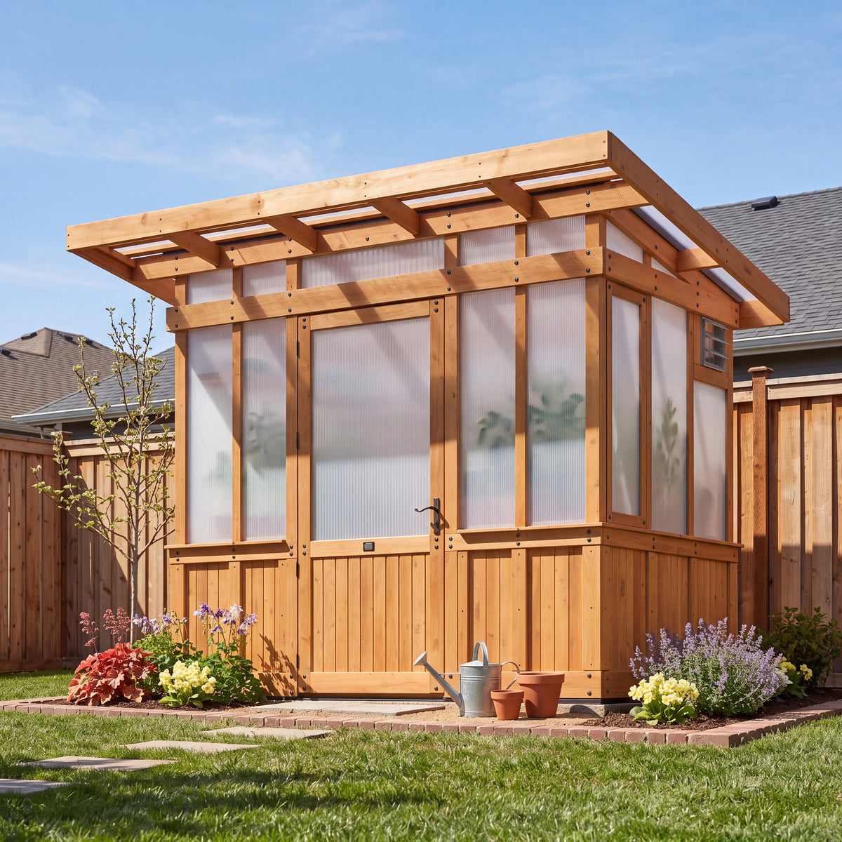 Cedar wooden greenhouse with heavy-duty 4-wall polycarbonate panels and a sloped trellis roof.