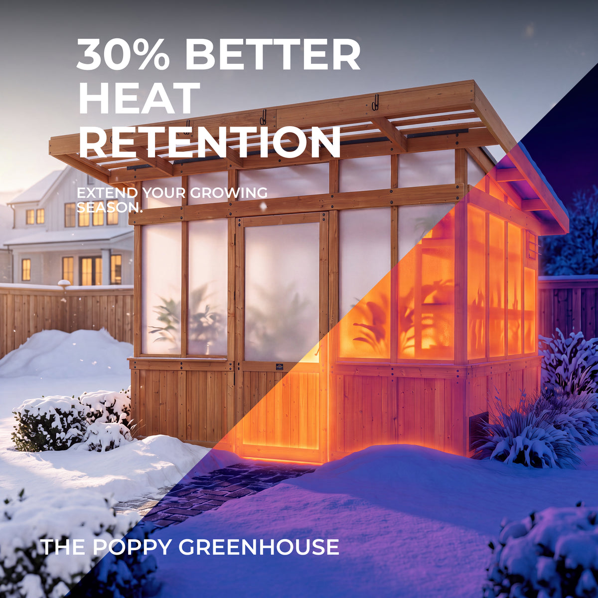 Outdoor greenhouse with 4-wall polycarbonate panels glowing warmly inside against a snowy winter backdrop.