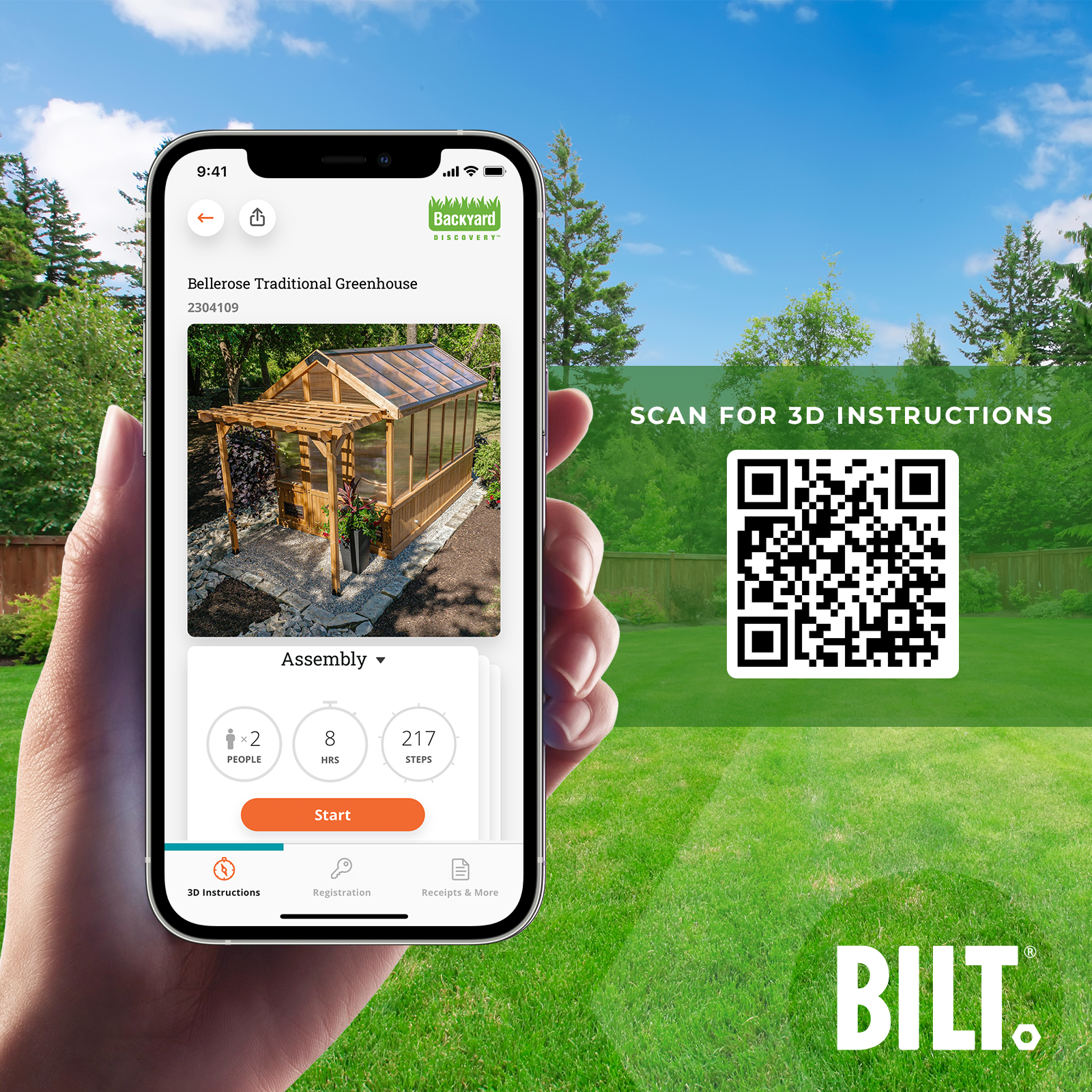 Hand holding a smartphone with BILT app for Backyard Discovery greenhouse assembly.