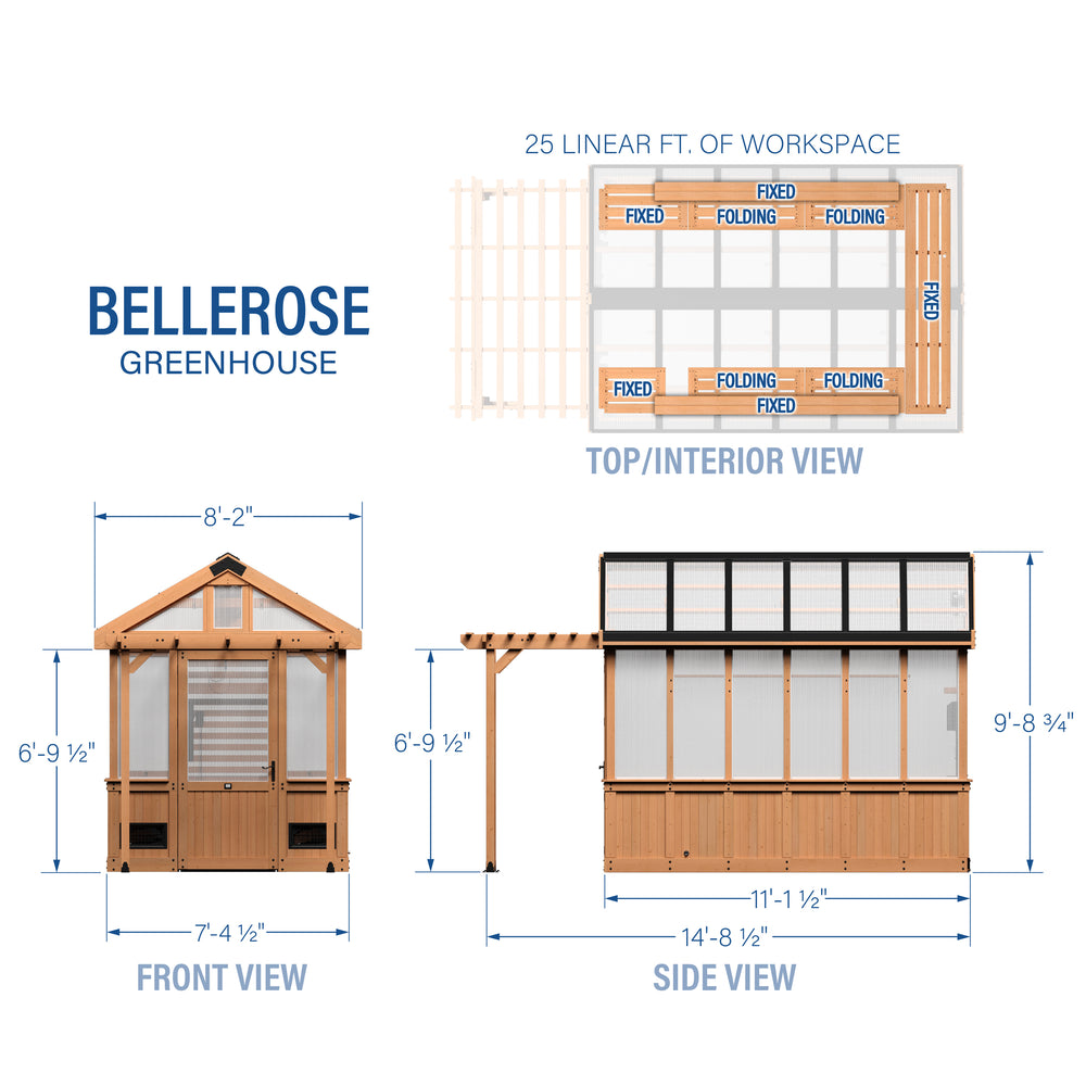 Exploded diagram of Bellerose Greenhouse technical drawing showing front, side, and top interior views.