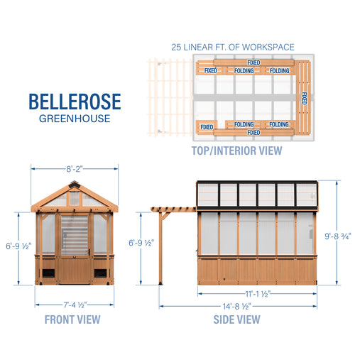 Exploded diagram of Bellerose Greenhouse technical drawing showing front, side, and top interior views.