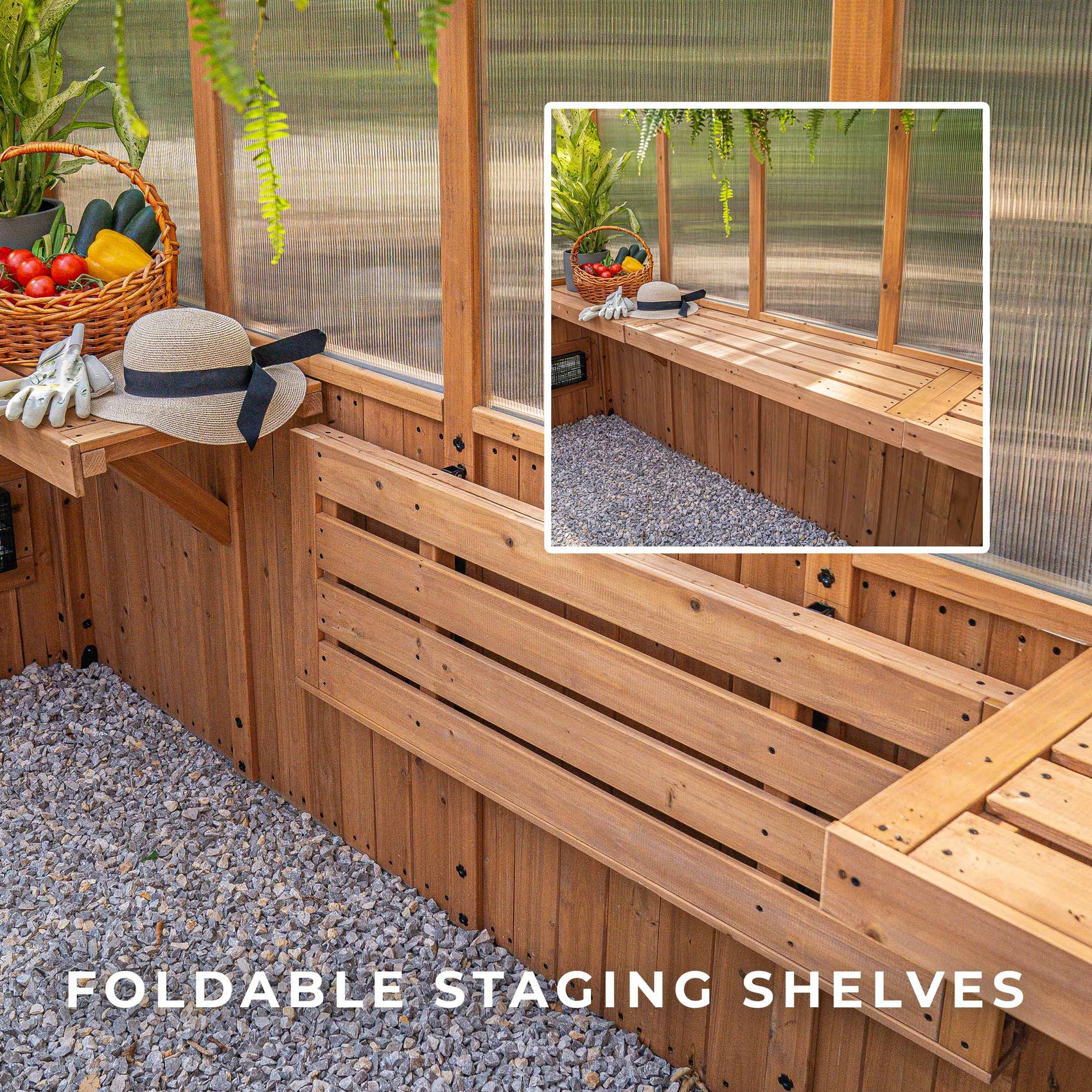 Bellerose outdoor greenhouse with foldable staging shelves shown folded down inside cedar interior.