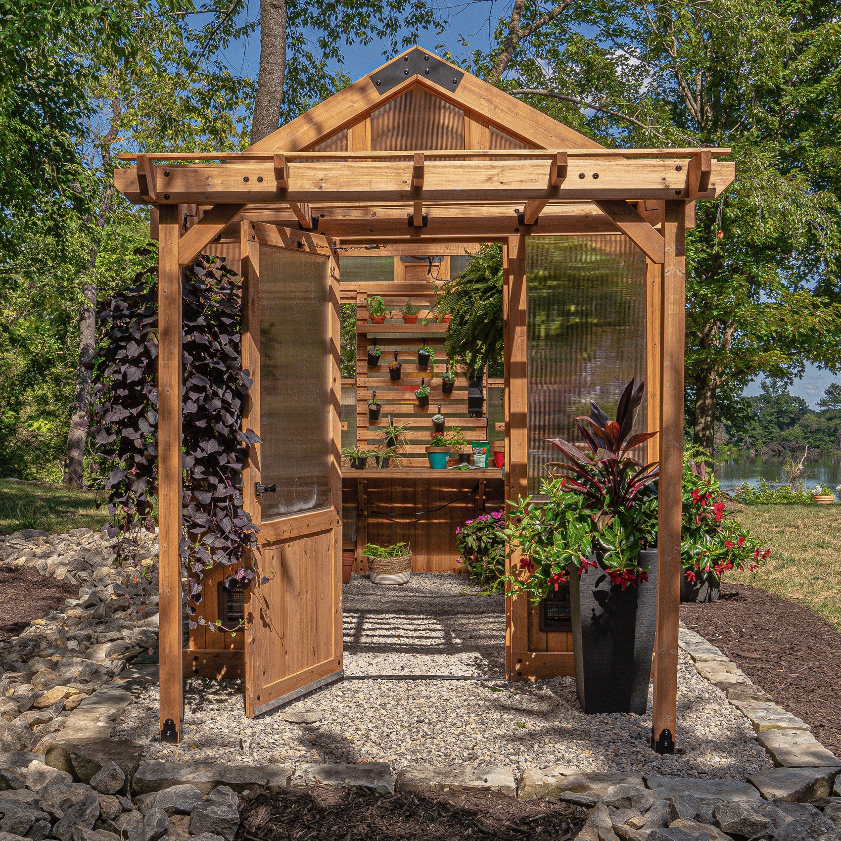 Bellerose cedar greenhouse kit with open door, slat wall shelving, and potted plants inside.